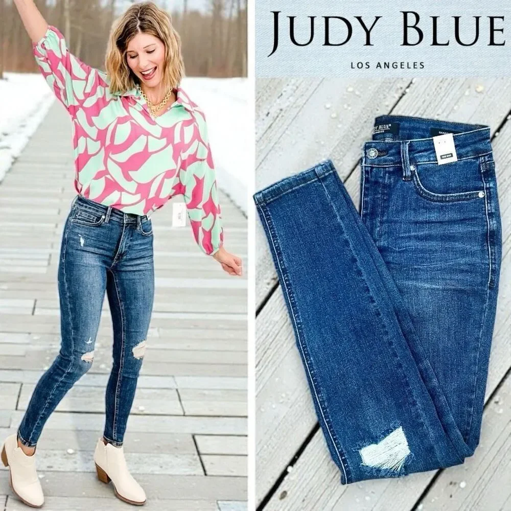 Judy Blue Mid Rise Distressed Slim Stretch Skinny Jeans Dark Wash – NWT